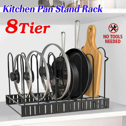 8 Tier Cupboard Kitchen Cabinet Storage Organiser Rack Stand Pan Pot Holder NEW