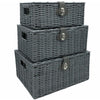 Set of 3 Storage Baskets Resin Woven Hamper Box Lid & Lock Stackable Grey