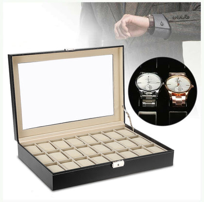 Mens 24 Grids Leather Watch Display Case Jewelry Collection Storage Holder Box