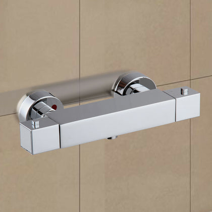 Square Thermostatic Shower Bar Mixer Valve Tap Chrome Bathroom Twin Outlet