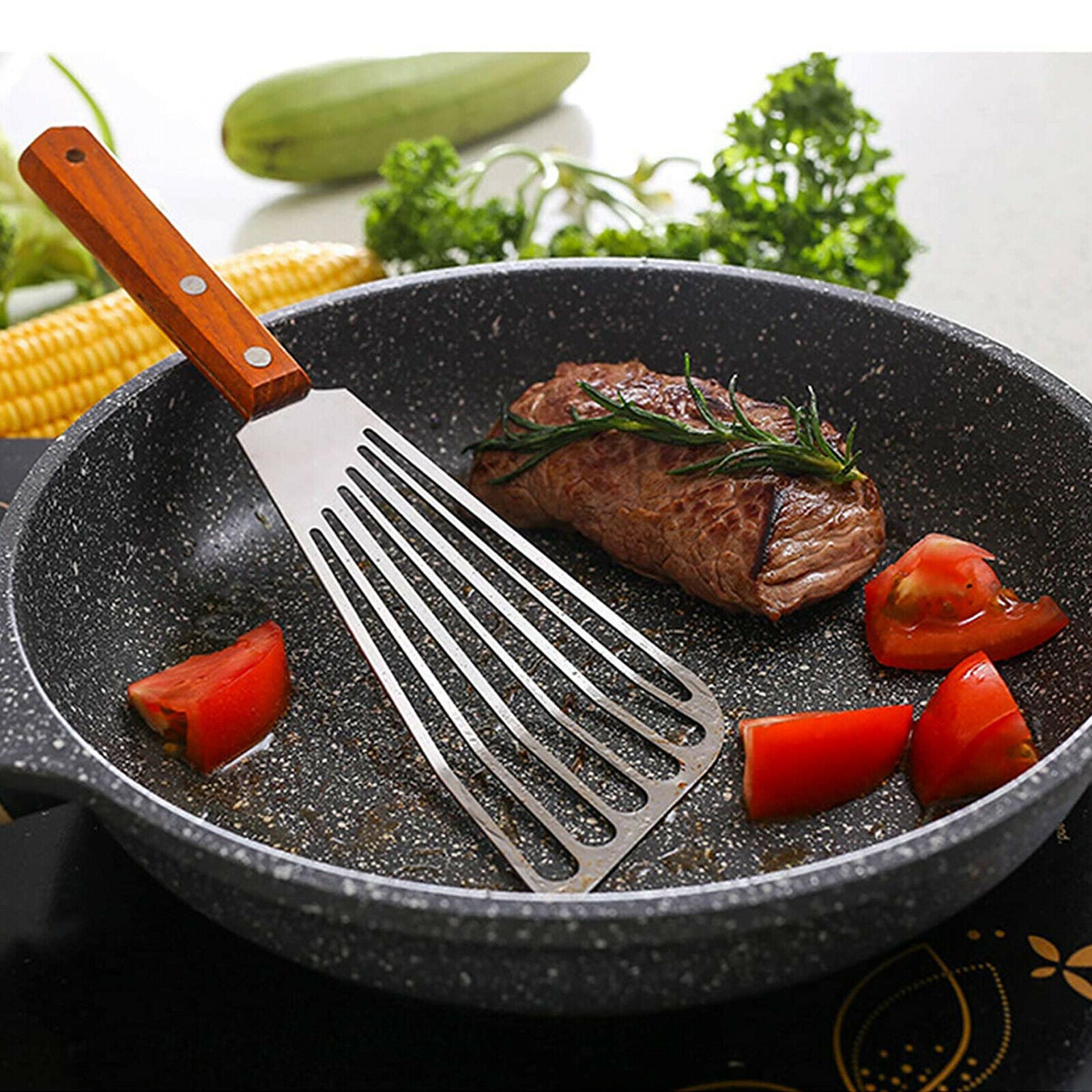 Stainless Steel & Wood Frying Spatula Cooking Fish Slice Steak