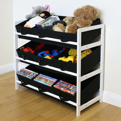 Black & White 3 Tier Toy Unit 9 Canvas Boxes/Drawers Kids/Childrens Storage