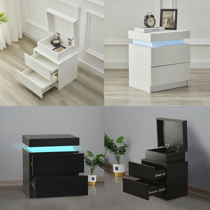 High Gloss Front 2 Drawers Bedside Table Cabinet LED Nightstand Black/White Unit
