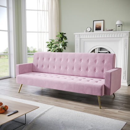 3 Seater Pink Sofa Bed Luxury Velvet Nonwovens New Foam Contrast Gold Metal Legs