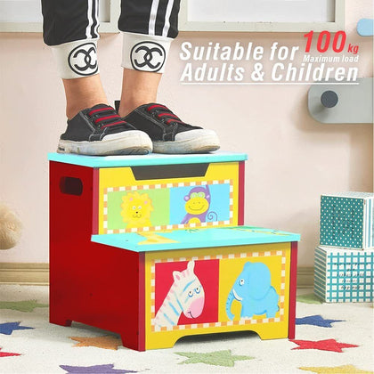 Wooden Step Stool with Toys Storage Box-Children Kitchen Helper Toilet Ladder UK