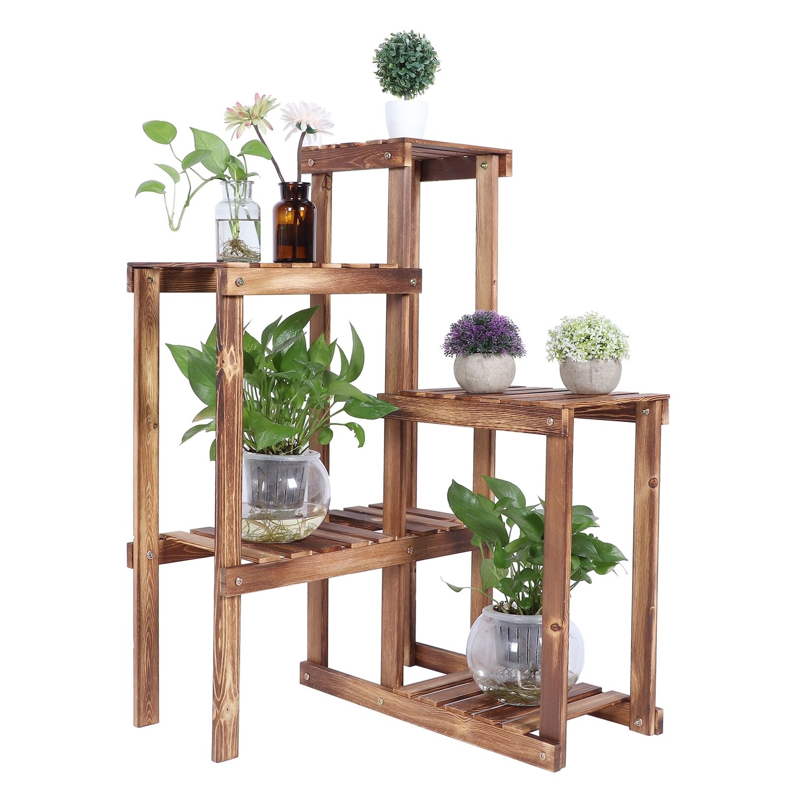 6 HOLDER LADDER SHELF CORNER STORAGE PLANT STAND FLOWERS DISPLAY WOOD RACK UNIT