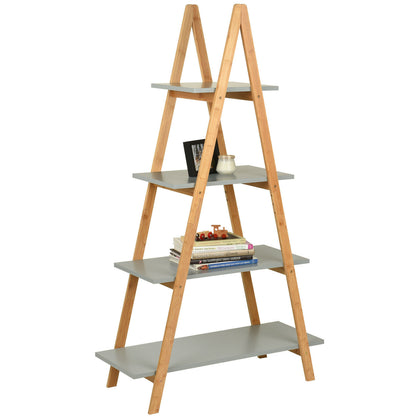 Hartleys 4 Tier Grey Wooden Ladder Shelf Bookcase Display Unit Bamboo Shelves