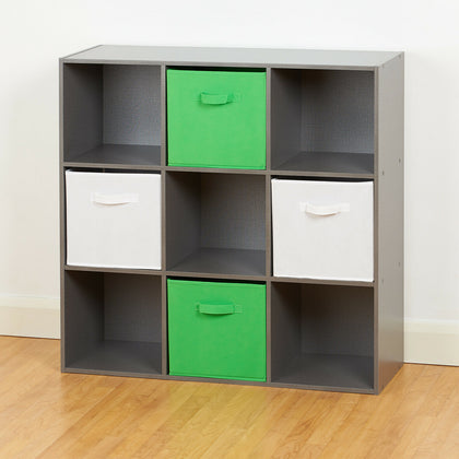 Grey 9 Cube Storage Unit White & Green Boxes Children/Kid Bedroom Toy Basket/Box