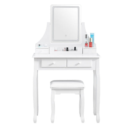 White Mirror Dresser Dressing Table With LED Light Upholstered Stool 4 Drawers