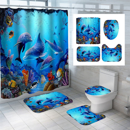 180X180cm Dolphin Shower Curtain+ Bath Set Waterproof Toilet Lid Cover Floor Mat