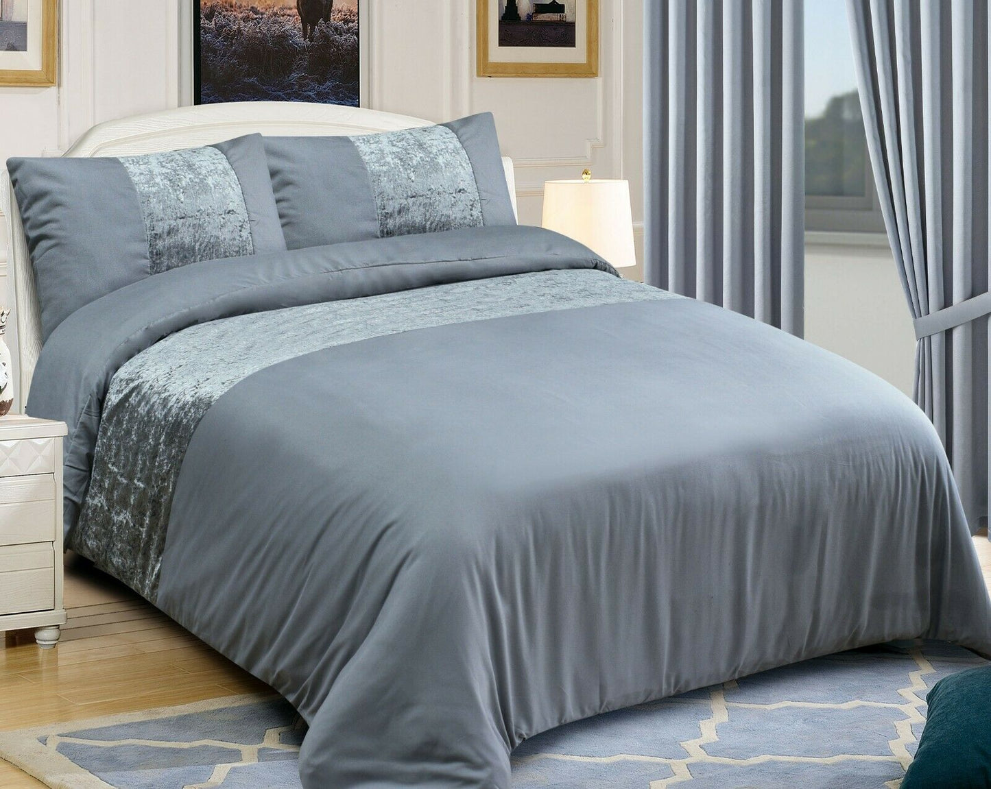 Crushed Velvet Panel Duvet Cover with Pillow Case Bedding Set Silver Grey Black