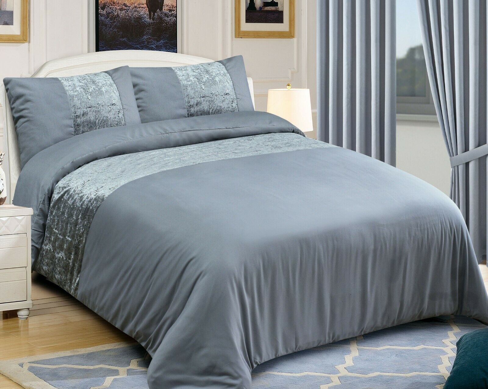 Crushed Velvet Panel Duvet Cover with Pillow Case Bedding Set Silver Grey Black