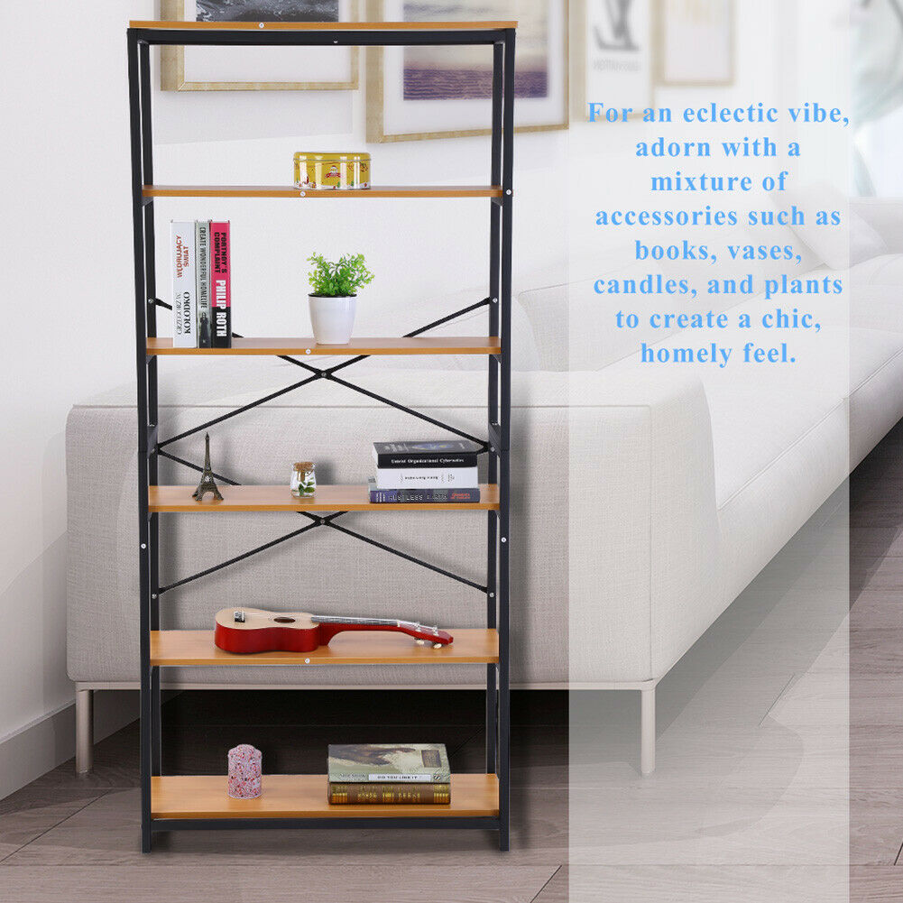 Tall Bookshelf Ladder Shelf Bookcase Industrial Storage Display Shelving Stand