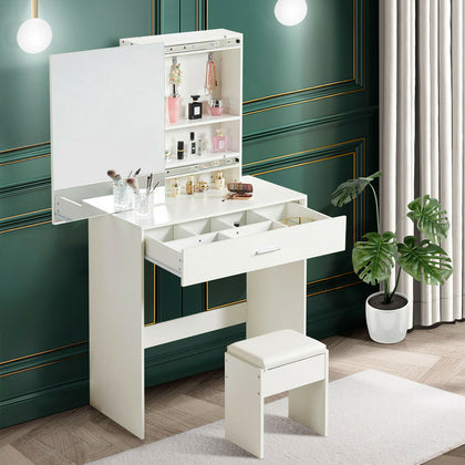 Modern Dressing Table+Stool w/ Drawer&Sliding Mirror Makeup Desk White Bedroom