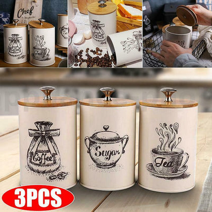 3PCS Retro Tea Coffee Sugar Kitchen Storage Canisters Jars Pots Containers UK