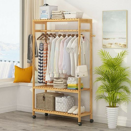 2 in 1 Garment Rail Wooden Clothes Rack Stand Shoes Rack With Coat Hat Side Hook