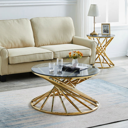 Round Glass Coffee Table Side Tables Gold Stainless Steel Legs Sofa Living Room