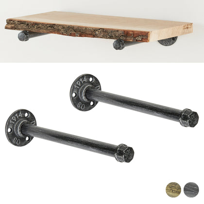 Hartleys 2 x Industrial Iron Pipe Shelf Brackets Wall Mounted Shelving Support