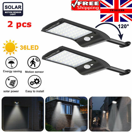 2x 36LED Solar Powered Garden Wall Security Lights Motion Sensor Outdoor Lamp UK