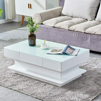 Modern Coffee Table High Gloss 2 Drawers Tempered Glass Living Room Furniture