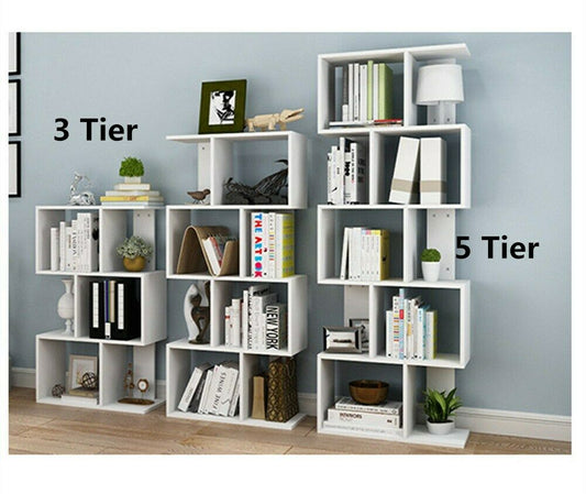 S Shape 3/4/5 Tier Bookshelf Bookcase Storage Unit Display Ladder Shelf Office