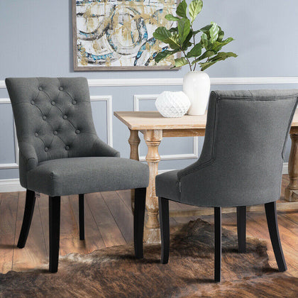 2x Accent Dining Chairs Fabric Linen Upholstered Button Dining Room Home in Grey