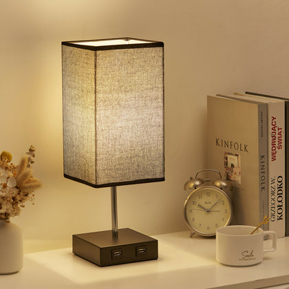 Table Desk Lamp Bedside Night Light Fabric Lampshade with 2 USB Charging Ports