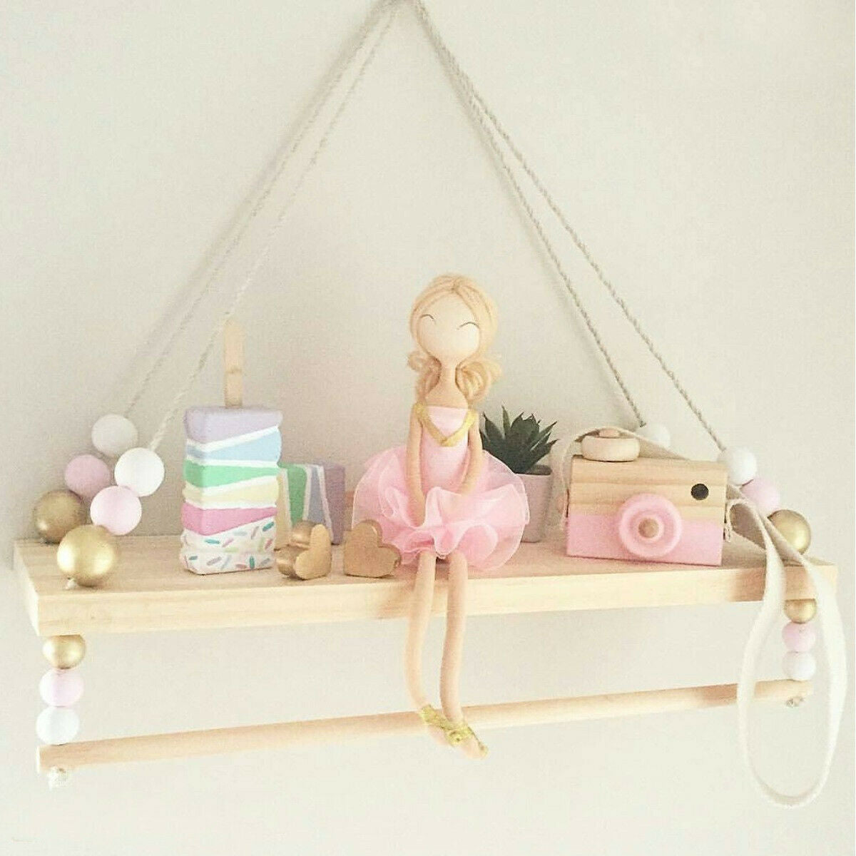 Wall Hanging Wood Rope Swing Shelf Shelves Storage Shelve Room Decor UK MA