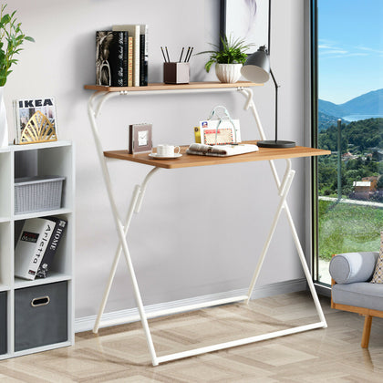 2-Tire Folding Computer Desk Laptop PC Desk Study Workstation Office Table Oak
