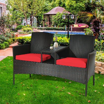 2-Seater Partner Bench Rattan Double Seat Chair Coffee Table Wicker Loveseat