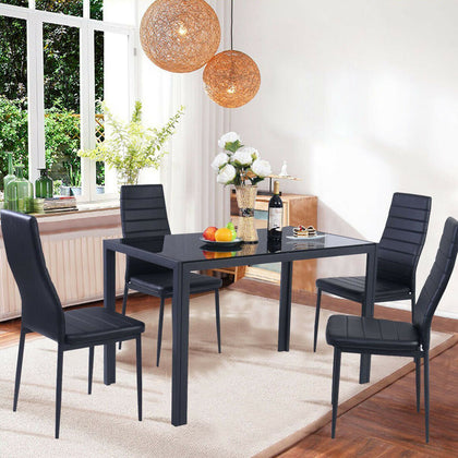 Tempered Glass Dining Table and PU Leather Chairs Set 4 Seater Kitchen Furniture