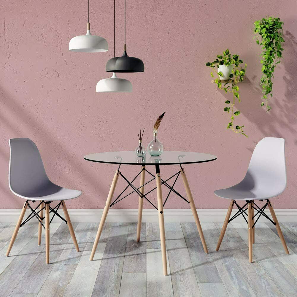 Round Dining Table, Scandinavian Glass Top Kitchen Table with Solid Beech Legs