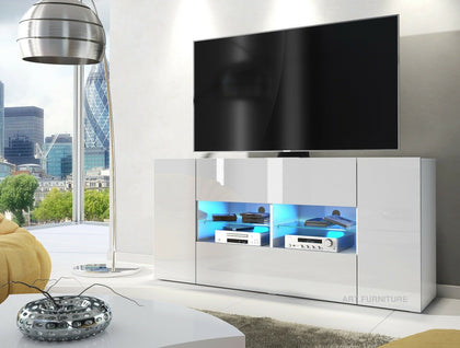 Tall White Modern High Gloss &Matt TV Unit Stand Cabinet 160cm +LED Lights Sar01