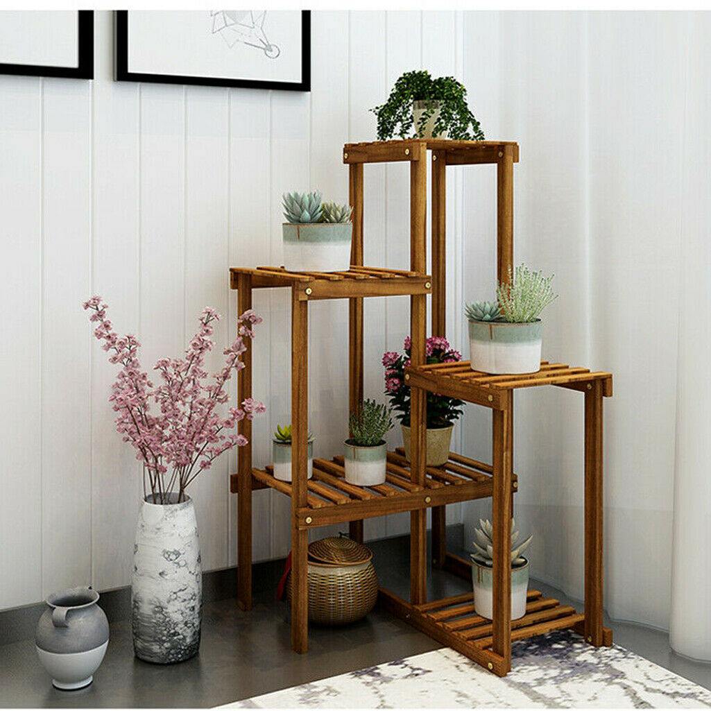 Garden Multi Tier Pine Wood Plant Stand Flower Potted Shelf In & Outdoor Holder