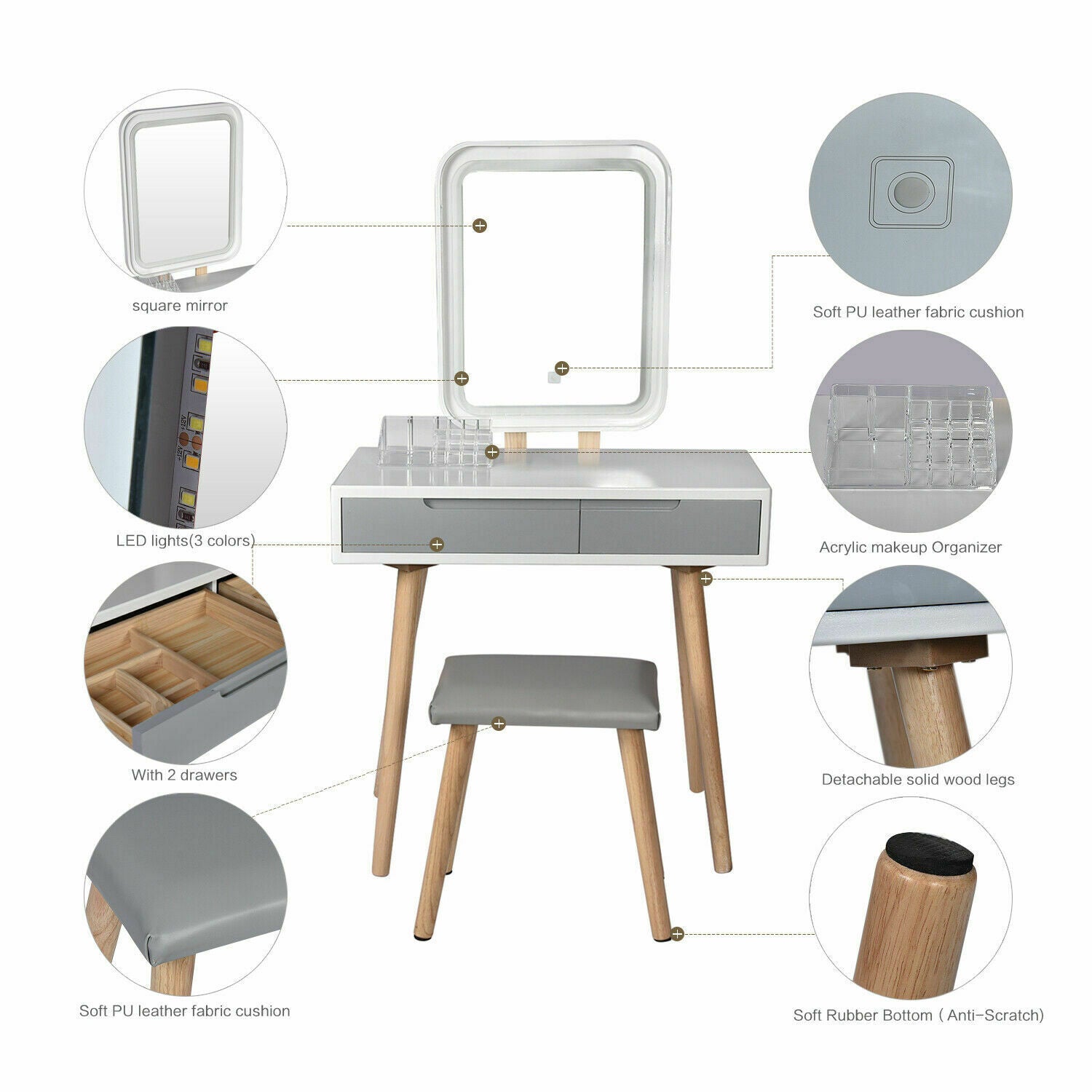 Dressing Table Vanity Desk LED Lighted Mirror Set Makeup Dresser Table w/Stool