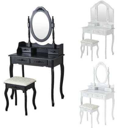 Wooden Dressing Table w/4 Mirror Stool Vanity Makeup Desk Stool Set White/Black