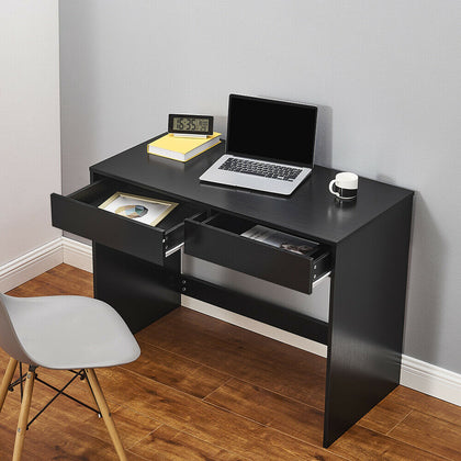 Black Computer Desk 100cm 2 Drawer Dressing Table Wooden Furniture Office