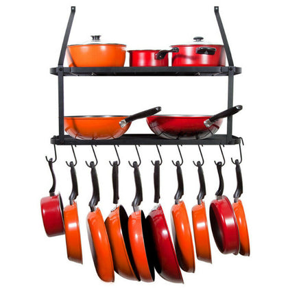 Kitchen Iron Shelves Pot Rack Saucepan Pan Storage Shelf Wall Mounted w/10 Hooks