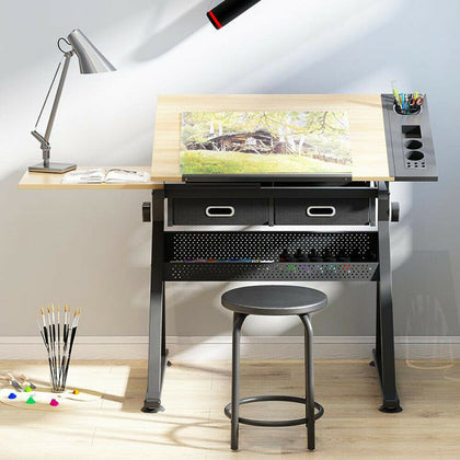 Tiltable Drawing Board Table with Stool Set Art Craft Adjustable Drafting Desk