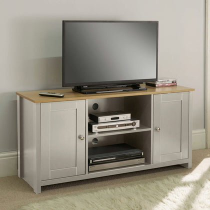Grey Oak TV Stand Two Tone 2 Door Cabinet Television Unit Open Shelf Cable Tidy