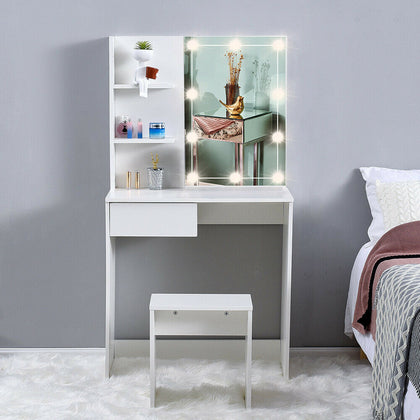 Dressing Table Stool Set w/LED Light Mirror Vanity Makeup Desk Stool Set White