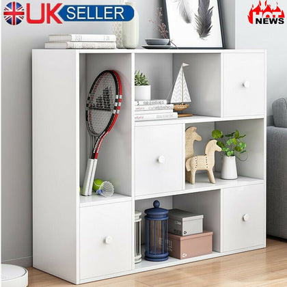WOODEN 8 CUBE STORAGE UNIT CUPBOARD BOOKCASE SHELVING DISPLAY SHELVES W/4 DOORS