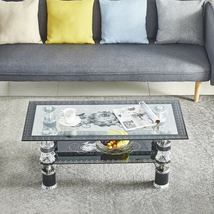 Modern Coffee Table Rectangle Tempered Glass Floral Luxury w/ Shelf Living Room