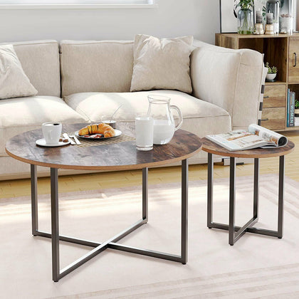 2x Round Industrial Coffee Table Nesting Tea Side Sofa Table with Metal Stand