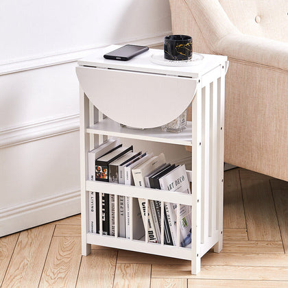 Drop Leaf Table Foldable Magazines Rack Shelf Sofa Side End Storage Stand White
