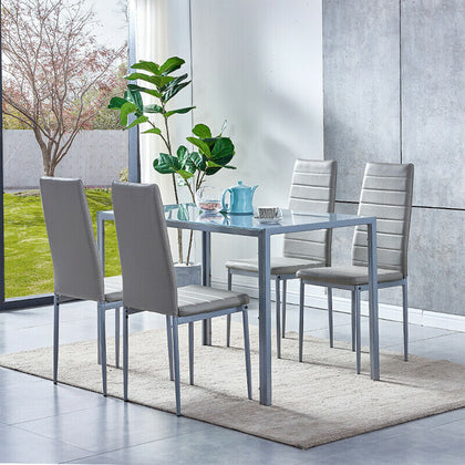 Modern Grey Glass Dining Table+4 Faux Leather Dining Chairs Set Dining Room Home