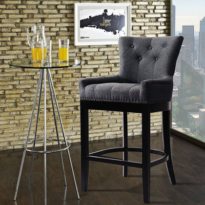 High Bar Stool Studs Linen Fabric Breakfast Kitchen Counter Chair Seat Barstool