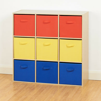 Oak 9 Cube Storage Unit Red Yellow & Blue Boxes Children/Kids Bedroom Toy Basket