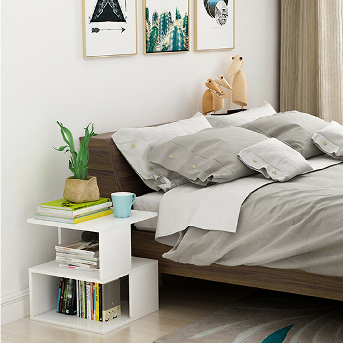 Modern Coffee Tea Table Square Side Desk Bedroom Nightstand with Storage Shelf
