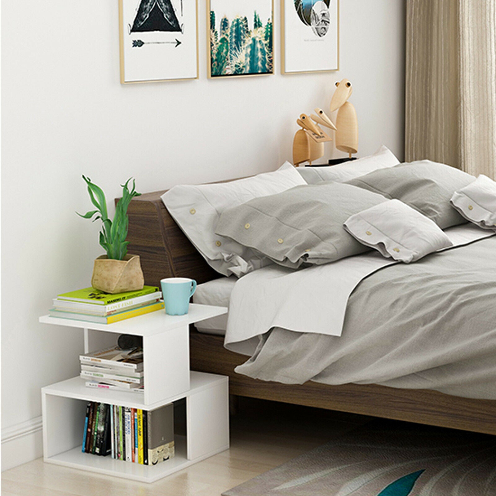 Modern Coffee Tea Table Square Side Desk Bedroom Nightstand with Storage Shelf